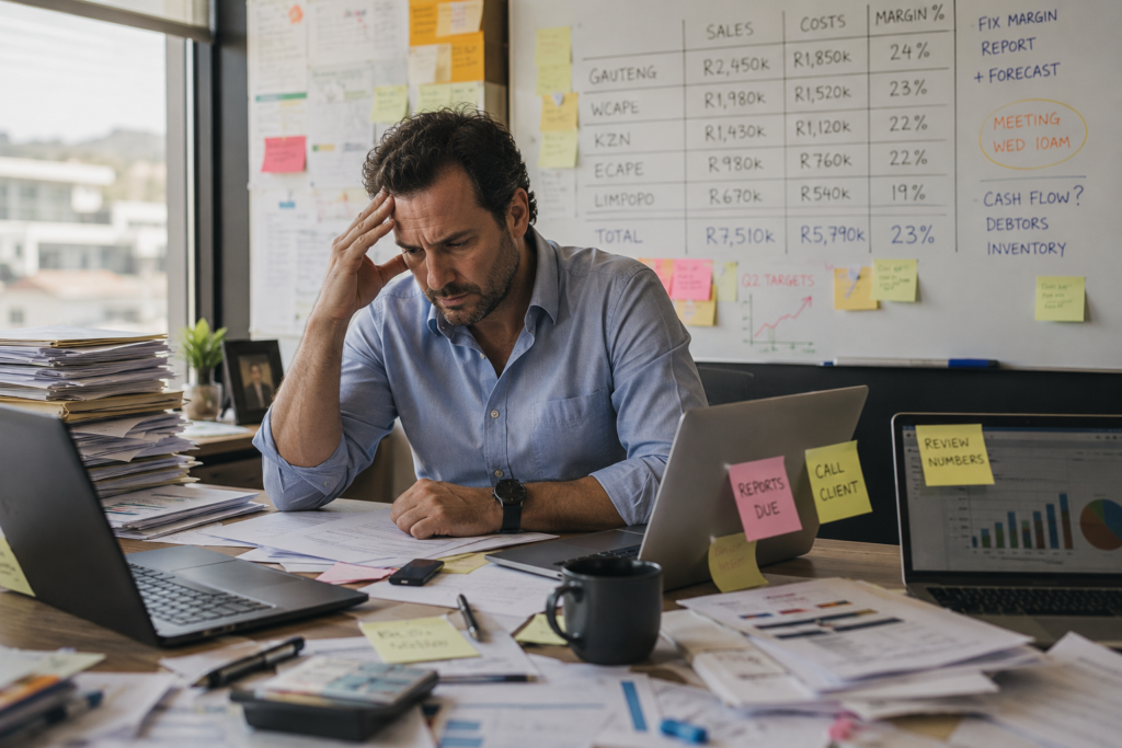 A business owner sits at a cluttered office desk reviewing financial documents, appearing stressed and overwhelmed. Multiple laptops, paperwork, sticky notes, and performance reports cover the workspace, while a whiteboard behind him displays sales figures, costs, margins, and cash flow notes, illustrating the challenges of managing business finances and operational complexity.