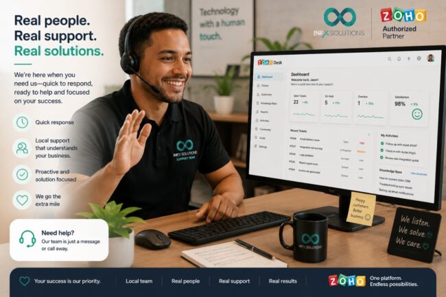 Friendly support team member helping a client with a Zoho-branded interface on screen