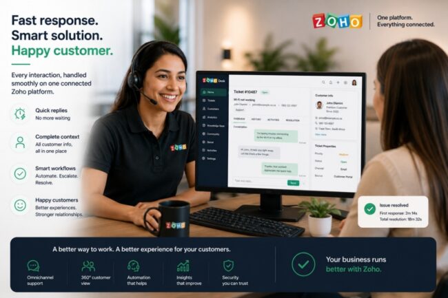 Smooth customer interaction handled on a Zoho-branded interface by a calm staff member