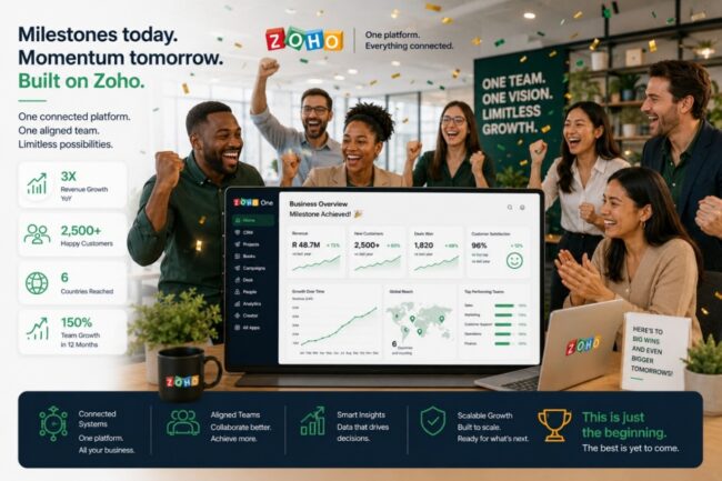 Scaling team celebrating a milestone with a Zoho-branded system as the backbone